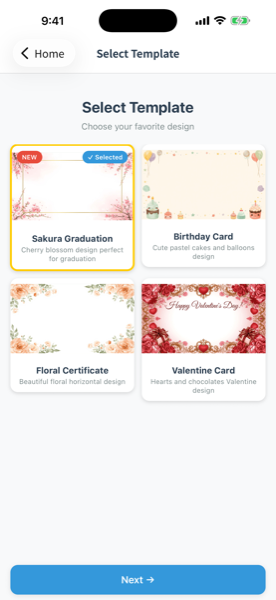 Template selection screen